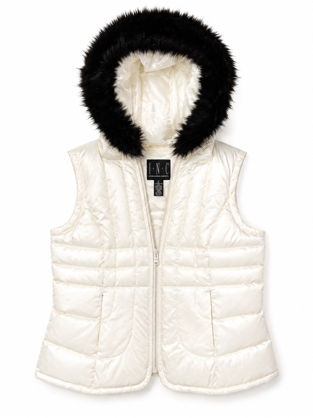 INC Down Feather Women's Cream Puffer Vest w Black Faux-Fur New Condition